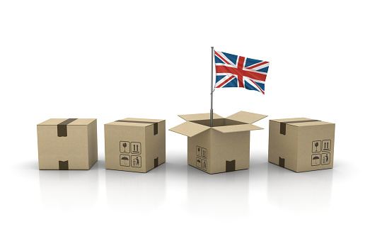 UK Flag in Cardboard Box - 3D Rendering