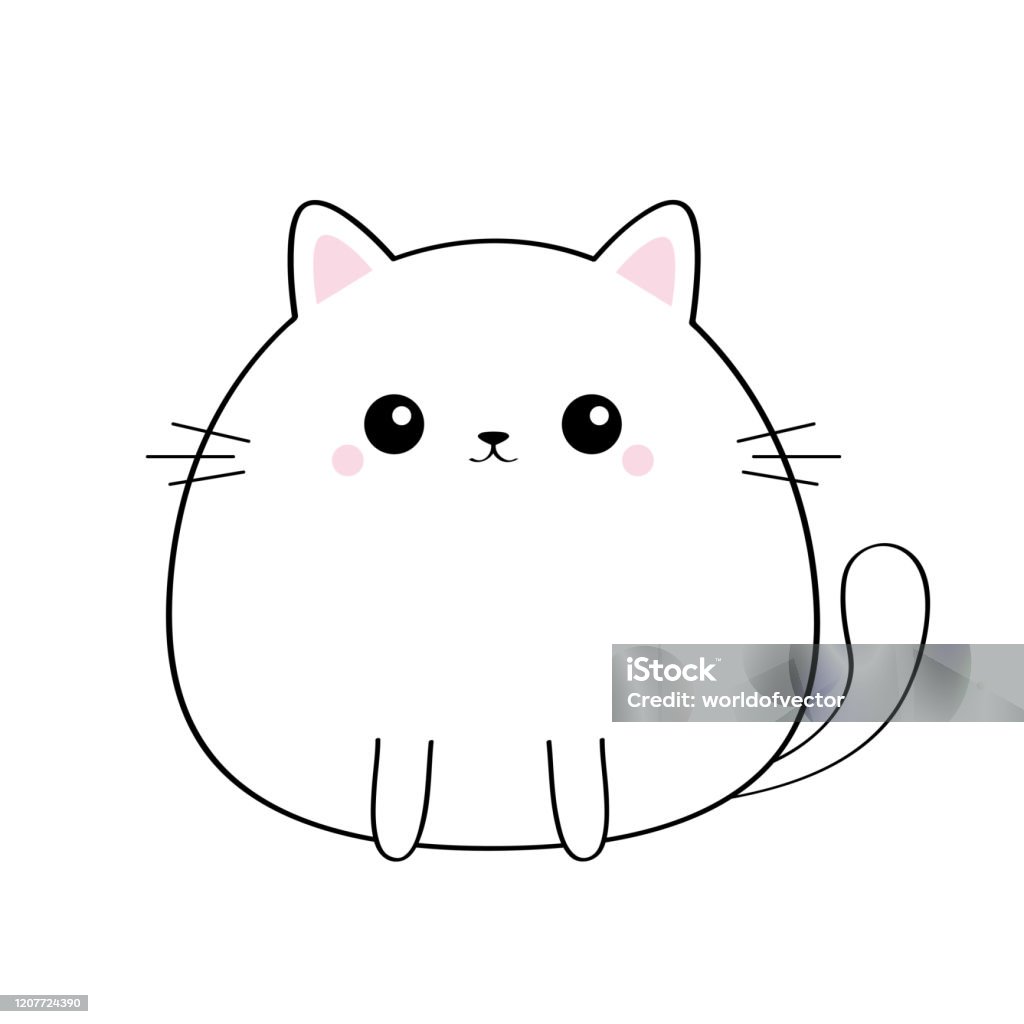 Cat Kitty Face Head Body Kawaii Animal Cute Cartoon Kitten Character Black  Contour Silhouette Doodle Linear Sketch Pink Cheeks Funny Baby Love Card  Flat Design White Background Isolated Stock Illustration - Download