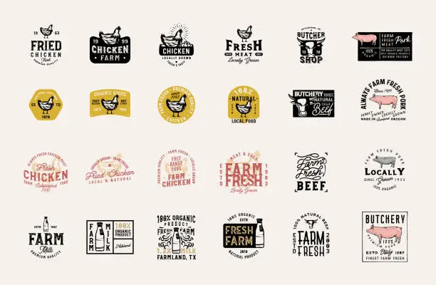 Vector illustration of Master collection of 24 vintage farm fresh products badges, logos, signs, symbols, emblems, labels with pork, beef, rooster, milk and other design elements