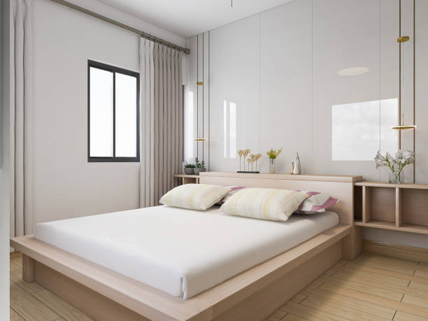 istock 3D rendering, elegant and modern bedroom design, big bed with overcoat cabinet 1207724684
