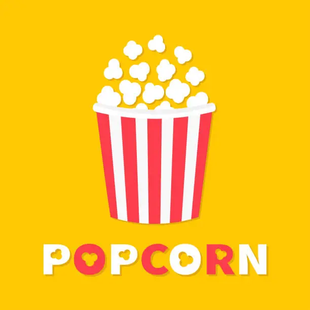 Vector illustration of Popcorn popping. Cinema movie night icon. Big size strip box package. Pop corn food. Flat design style. Red white text. Yellow background. Isolated.