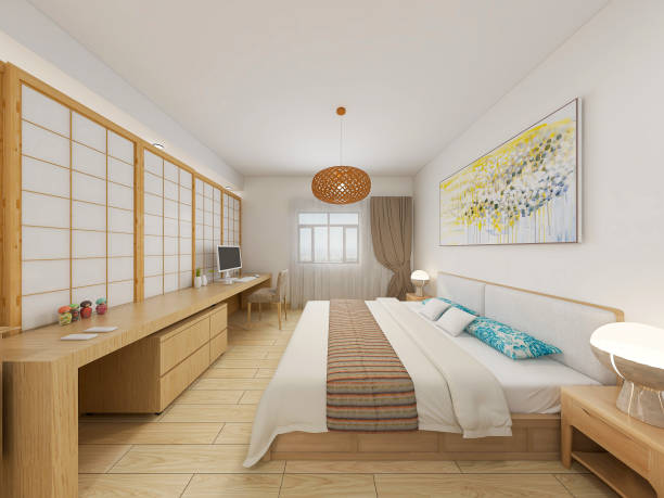 istock 3D rendering, elegant and modern bedroom design, big bed with overcoat cabinet 1207724705