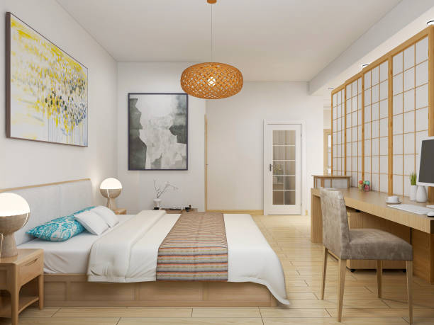 istock 3D rendering, elegant and modern bedroom design, big bed with overcoat cabinet 1207724706