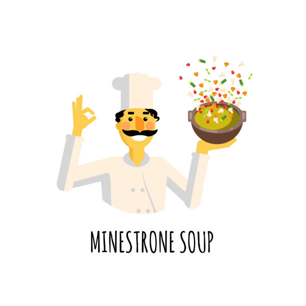 ilustraciones, imágenes clip art, dibujos animados e iconos de stock de iconos de estilo plano de sopa minestrone y cocinar con texto. - minestrone