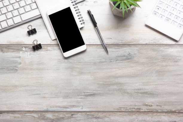 istock Office desk table with supplies. Flat lay Business workplace and objects. Top view. Copy space for text 1207725087