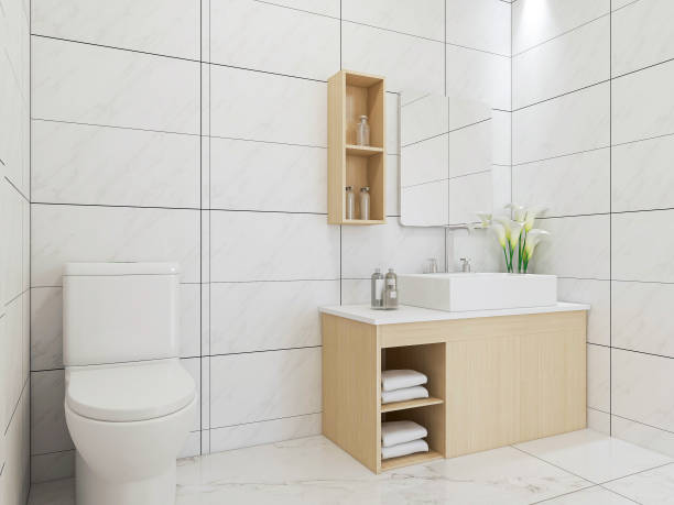 istock 3D rendering,Clean modern residential bathroom and toilet design, which is equipped with washstand, toilet and shower equipment, etc. 1207725101