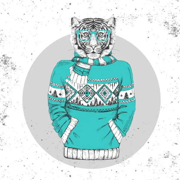 Vector illustration of Retro Hipster fashion animal tiger dressed up in pullover. Hipster animals
