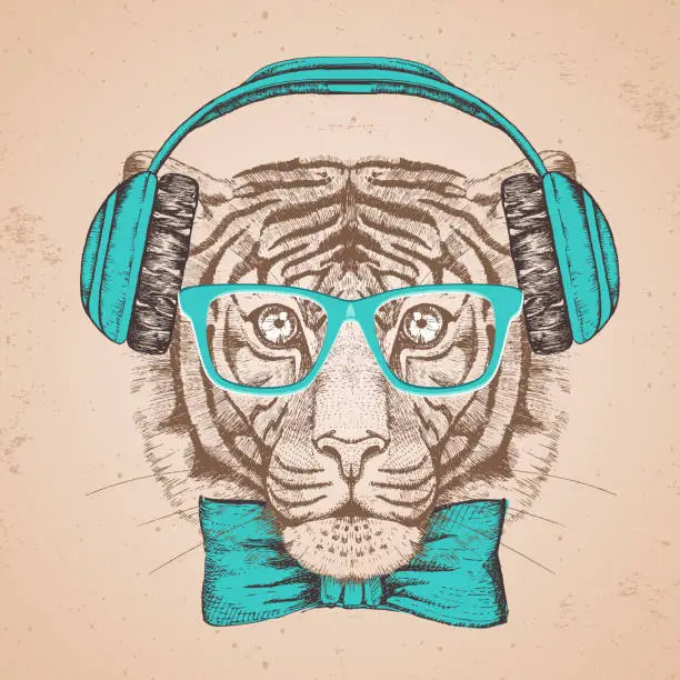 Vector illustration of Hipster animal tiger with headphones. Hand drawing Muzzle of tiger