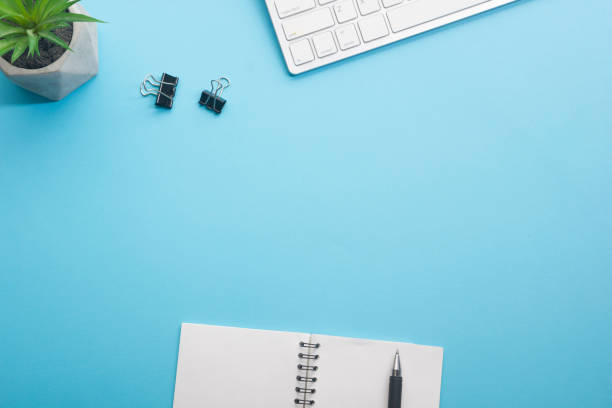 istock Office desk table with supplies. Flat lay Business workplace and objects. Top view. Copy space for text 1207726136