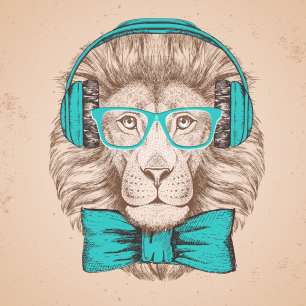 hipster zwierzę lew ze słuchawkami. rysunek ręczny pysk lwa - lion dancing stock illustrations
