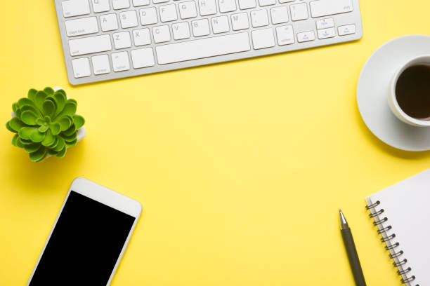 istock Office desk table with supplies. Flat lay Business workplace and objects. Top view. Copy space for text 1207726780