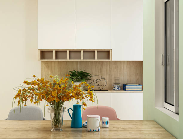 istock 3D rendering, the spacious dining room beside the modern kitchen 1207727881