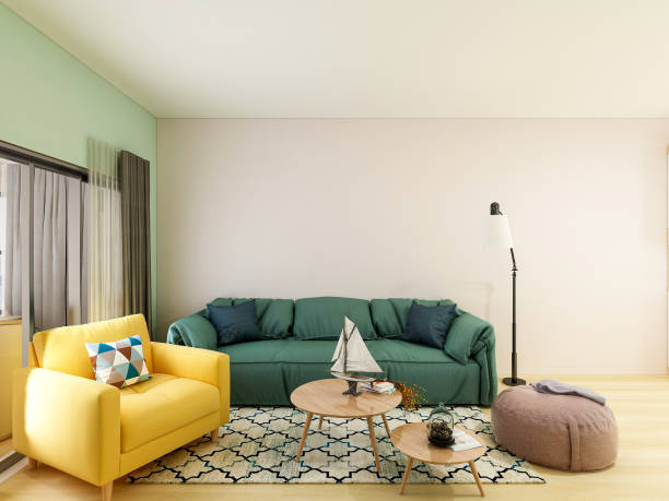istock 3D rendering, spacious living room design of modern residence, with sofa, tea table, decorative painting, etc 1207727882