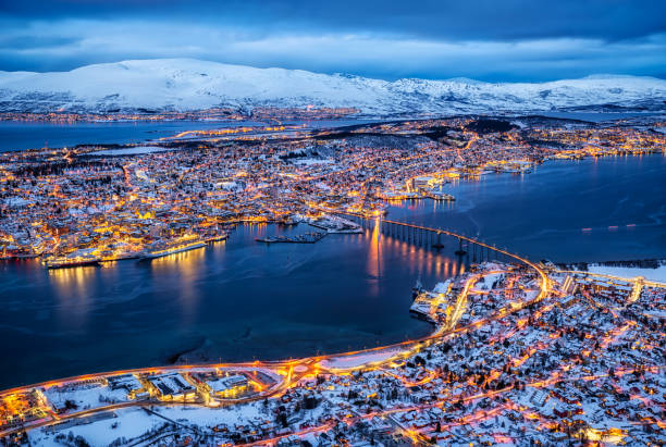 sunset over tromso, norway - tromso fjord winter mountain imagens e fotografias de stock