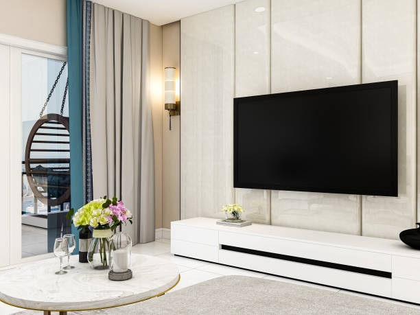 istock 3D rendering, spacious living room design of modern residence, with sofa, tea table, decorative painting, etc 1207729714