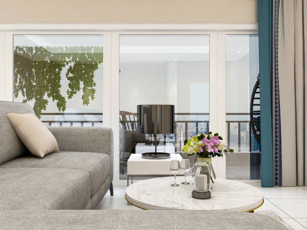 istock 3D rendering, spacious living room design of modern residence, with sofa, tea table, decorative painting, etc 1207729738