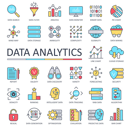 Data Analytics Line Color Icons - Vector Illustration