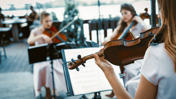 istock Group Of Two Violinists And One Cellist On The Terrace 1207730873