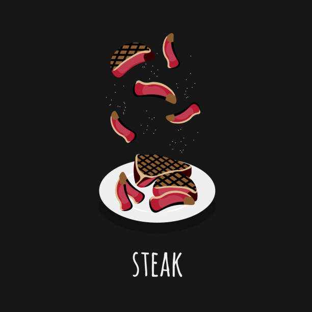 шаблон карты с плоским стилем значок бифштекса. - backgrounds beef close up cooked stock illustrations
