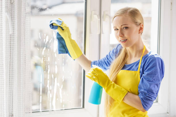 istock Woman cleaning window at home 1207731121