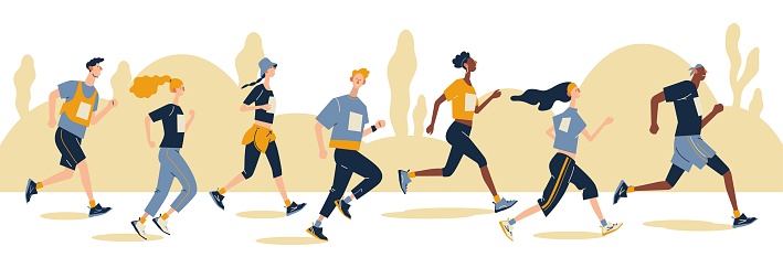 Group of running men and women in sportswear at marathon race.  Marathon race, 5k run, sprint. Flat cartoon vector illustration on white background. Creative landing page design template, web banner.