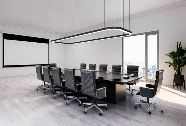 istock Spacious conference room with tables, floor-to-ceiling windows, green plants, etc. 1207731288
