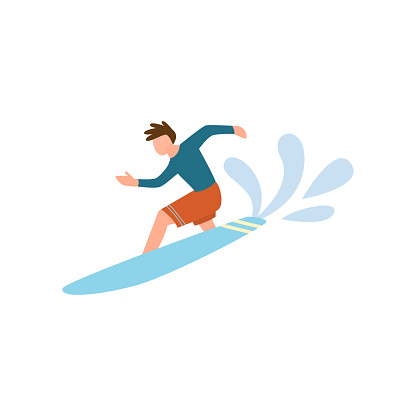 Young man in red shorts surfing on the ocean wave, summer holidays. Flat style. Vector illustration on white background