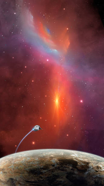 istock Space background. Spaceship fly above planet with colorful nebula 1207732362