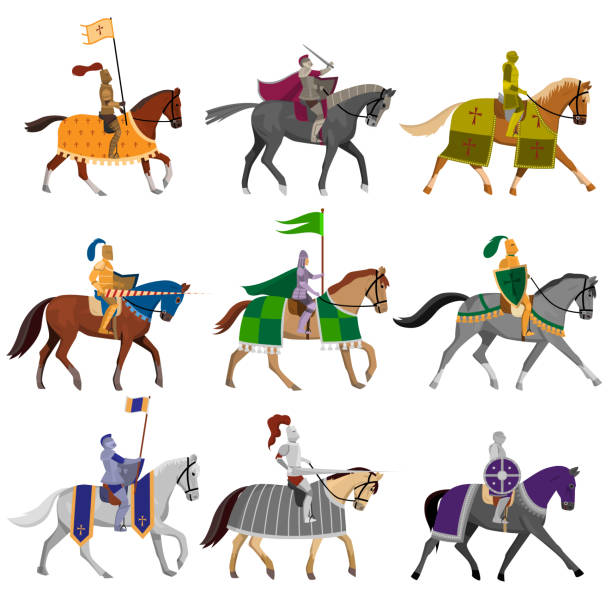 Set of old medieval knights in helmet with different horses Set of old medieval knights in steel helmet with different horses. Flat style. Vector illustration on white background chivalry stock illustrations