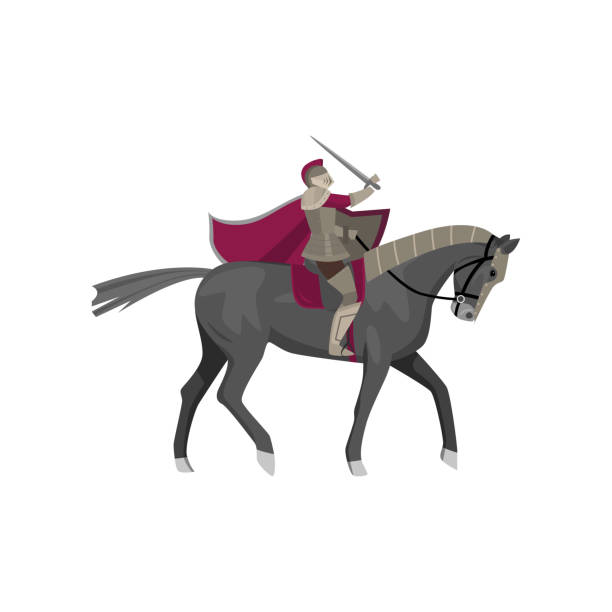 istock Medieval knight in steel armor at grey beautiful horse 1207732467