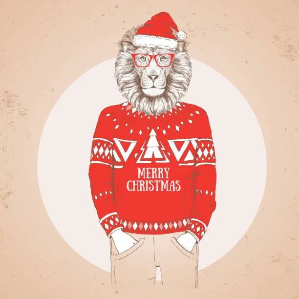 Vector illustration of Christmas Hipster fashion animal lion dressed a New Year hat and pullover