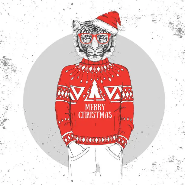 Vector illustration of Christmas Hipster fashion animal tiger dressed a New Year hat and pullover