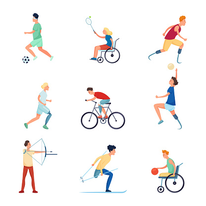 Set of different people character at paralympic sport games, woman and man. Flat style. Vector illustration on white background