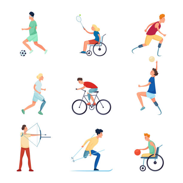 Set of different people character at paralympic sport games Set of different people character at paralympic sport games, woman and man. Flat style. Vector illustration on white background adaptive athlete stock illustrations