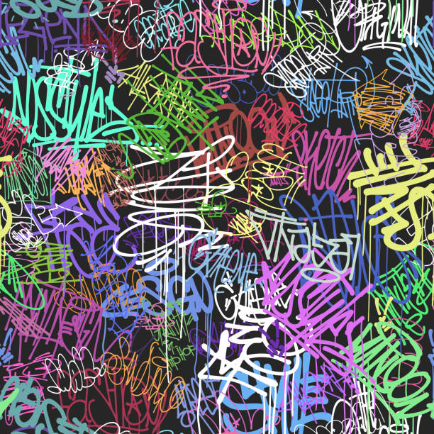 illustrazioni stock, clip art, cartoni animati e icone di tendenza di graffity parete tag colorati motivo senza cuciture, graffiti street art - graffiti
