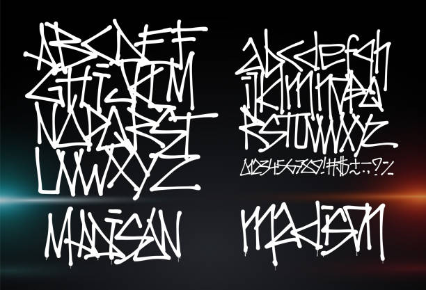 ilustraciones, imágenes clip art, dibujos animados e iconos de stock de fuente cibernética. letras y números futurista graffiti vector fuente - alphabet english culture paint typescript