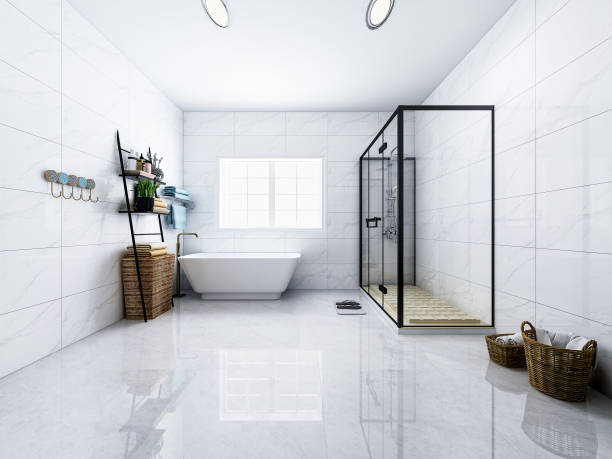 istock 3D rendering,Clean modern residential bathroom and toilet design, which is equipped with washstand, toilet and shower equipment, etc 1207733657