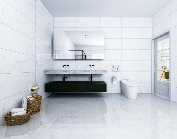 istock 3D rendering,Clean modern residential bathroom and toilet design, which is equipped with washstand, toilet and shower equipment, etc 1207733659