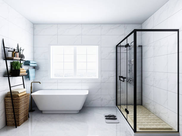 istock 3D rendering,Clean modern residential bathroom and toilet design, which is equipped with washstand, toilet and shower equipment, etc 1207733662
