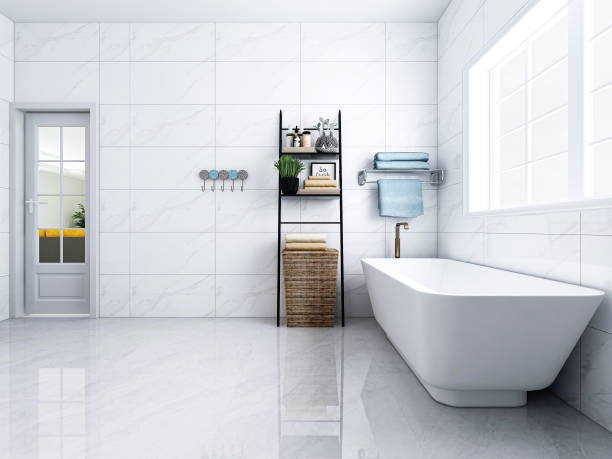 istock 3D rendering,Clean modern residential bathroom and toilet design, which is equipped with washstand, toilet and shower equipment, etc 1207733664