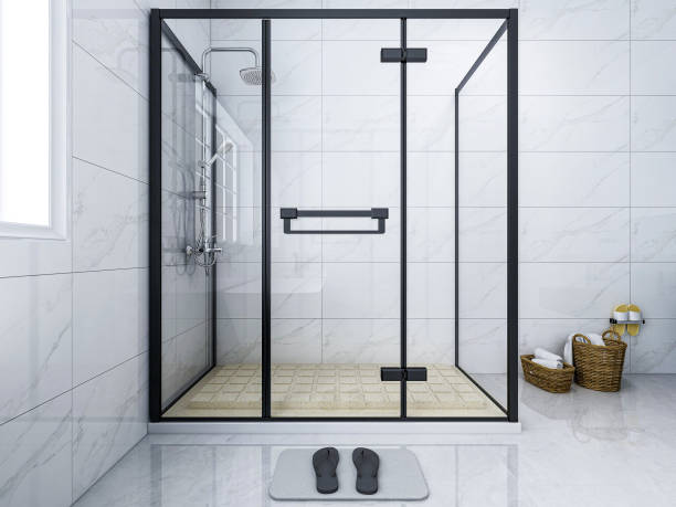 istock 3D rendering,Clean modern residential bathroom and toilet design, which is equipped with washstand, toilet and shower equipment, etc 1207733668