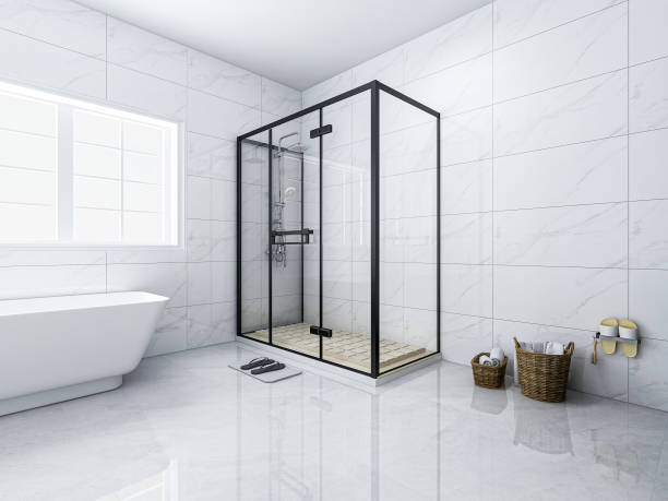 istock 3D rendering,Clean modern residential bathroom and toilet design, which is equipped with washstand, toilet and shower equipment, etc 1207733672