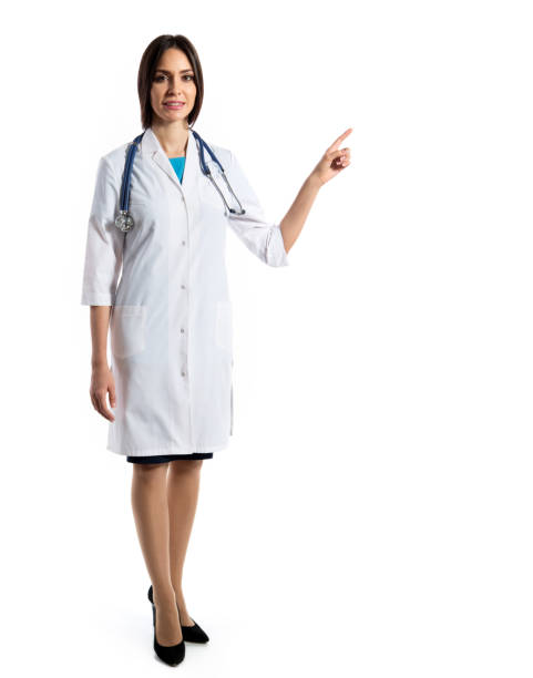 istock Young female doctor shows on a white background 1207734100