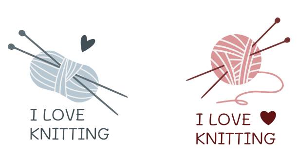 uwielbiam robić na drutach. przędza i igły. zestaw logo. - wool knitting heart shape thread stock illustrations