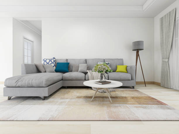 istock 3D rendering, spacious living room design of modern residence, with sofa, tea table, decorative painting, etc 1207735587