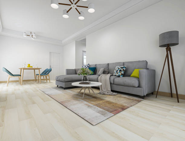 istock 3D rendering, spacious living room design of modern residence, with sofa, tea table, decorative painting, etc 1207735596