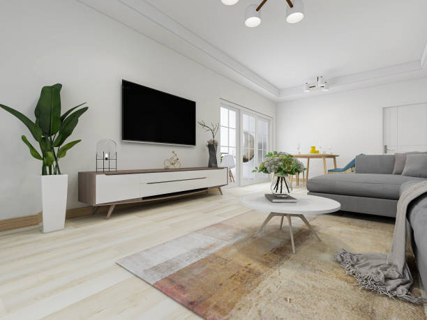 istock 3D rendering, spacious living room design of modern residence, with sofa, tea table, decorative painting, etc 1207735597