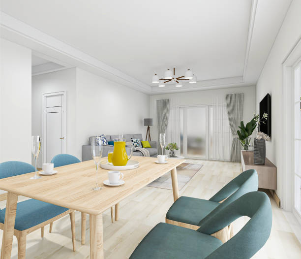 istock 3D rendering, warm dining room area design, wooden table and chair, 1207735897
