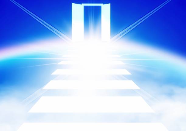 istock Abstract white stairs and doors floating in the sky 1207736947