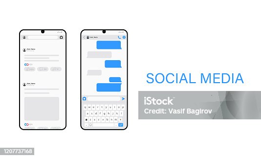 istock Carousel post on social media mockup with cell phone and white background. Optimize your ads. Social media chat, message, Realistic smartphone vector illustration 1207737168